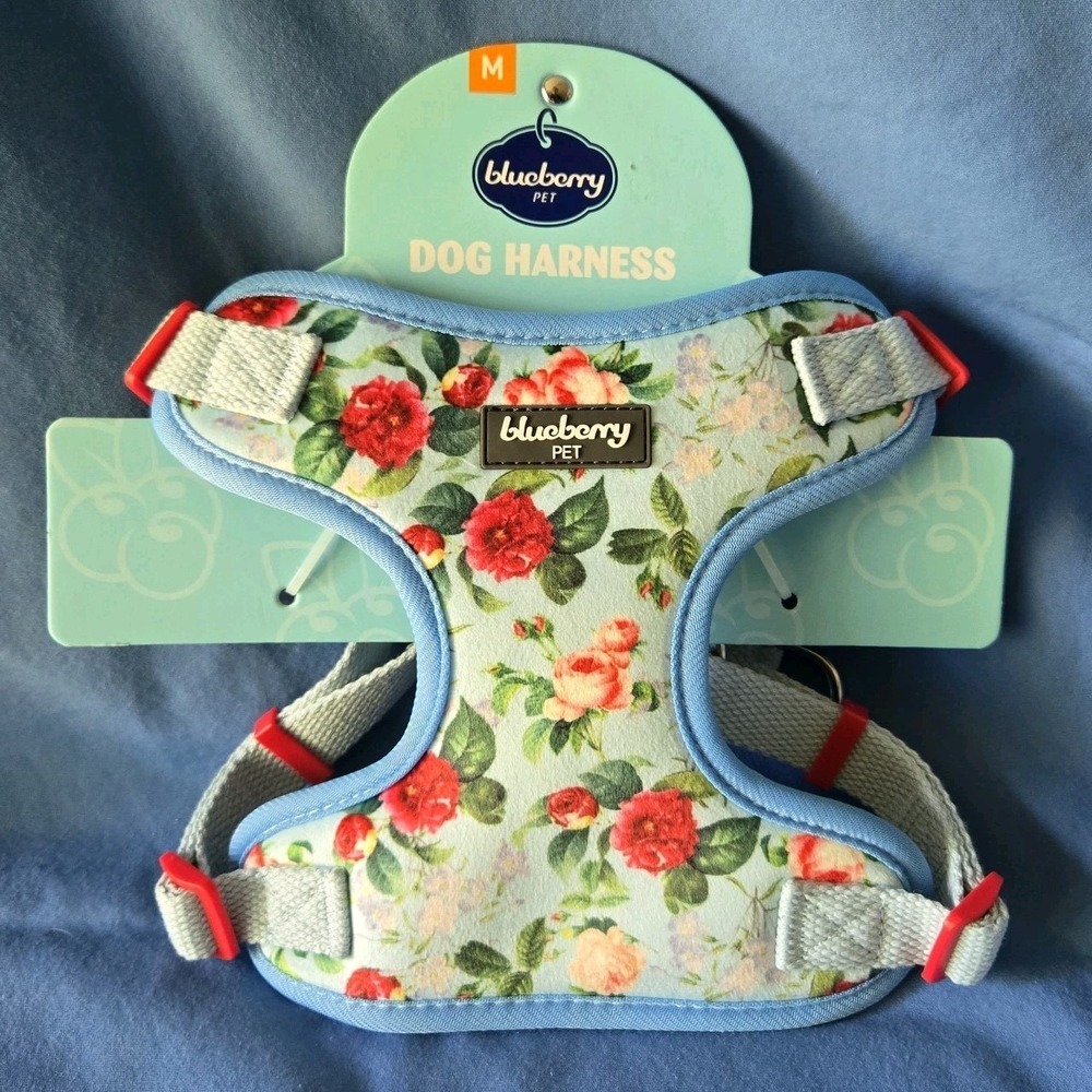 Blueberry Pet Velvet Rose Flower Print Padded Dog Harness Vest In Blue Sz Medium